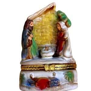 Christmas Nativity Scene Trinket Box Hinged Virgin Mary Joseph Baby Jesus